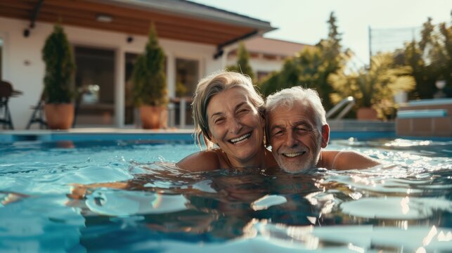 The happy elderly couple swimming