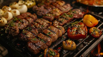 Close up of grilling meat and vegetables on bbq grill. Delicious summer food concept for outdoor cooking and entertaining friends and family.