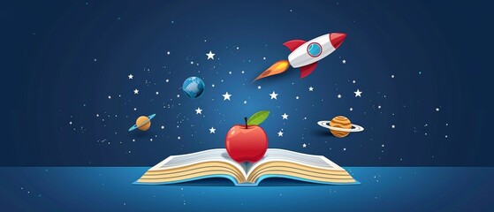 A digital depicting an open book with a red apple and a rocket ship soaring against a starry night sky, suggesting a journey of knowledge and discovery for the upcoming school year.