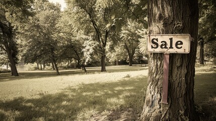 A sale sign hanging in a tranquil park setting.