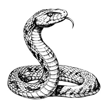 Sketch of a snake with a forked tongue, front view, on a white background