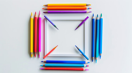 Brightly colored drawing tools arranged in a square on a white canvas.