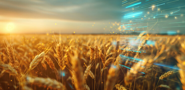 Golden Wheat Field at Sunset with Digital Interface Overlay. Concept of Smart Farming and Precision Agriculture.