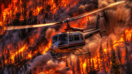 Closeup of a Fire fighter helicoptor extingushing fire in the forest global warming high temperature heatwave save the planet 