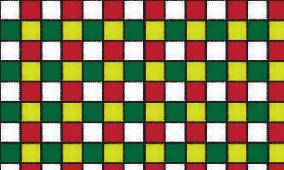 Red, white, green, yellow, ikat abstract lattice ethnic art. Seamless pattern in tribal, folk embroidery style. Aztec geometric art ornament print.