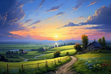 Fototapeta premium Beautiful rural summer landscape architecture grassland.