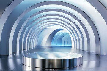 Obraz premium A futuristic tunnel forms the backdrop behind a round silver podium product display