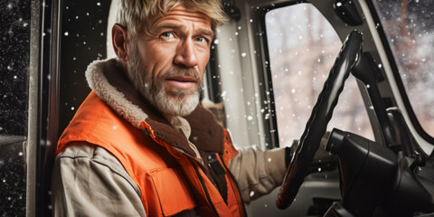 Naklejka premium Snowplow driver looking serious inside the cab of the vehicle during a snowy day.