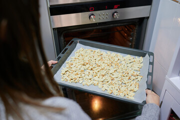 Woman placing a tray with small bread cubes on baking paper into the preheated oven to bake croutons for a Mediterranean recipe garnish. Concept: home recipe preparation.