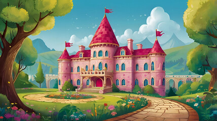 pink color fairy tale castle on the hill, best for children's story book. generated by Ai. © Yohan