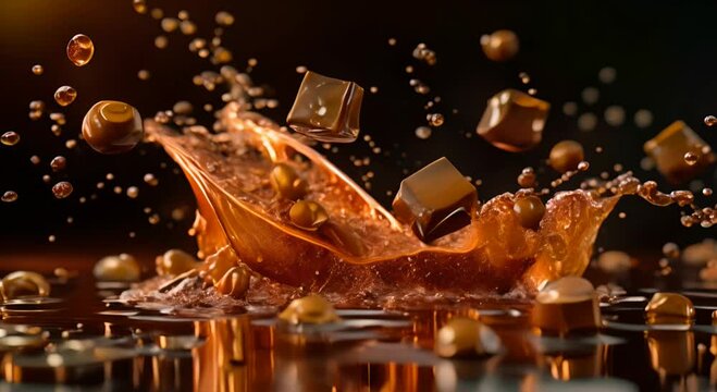 Against a backdrop of velvety blackness, a mesmerizing tableau unfolds: coffee and toffee dance, caramel cascades, toffee candies levitate, evoking an ethereal charm