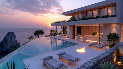 Fototapeta premium dream home architecture design in sunset light on an island, by the ocean views