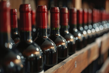 Wine bottles resting on wooden shelves in cellar