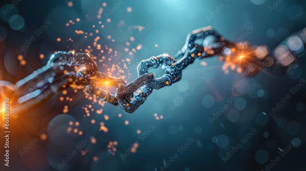 Poster a broken chain representing the disruption caused by a cyberattack, impacting interconnected systems