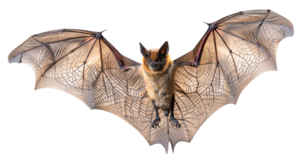 Close-up image of a bat in flight with wings spread wide, showcasing its detailed wing structure and natural color, isolated on a white background.