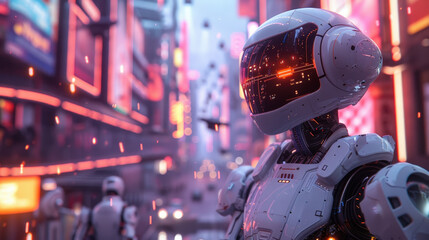 Fototapeta premium A futuristic cityscape with advanced robots assisting humans in daily activities, neon lights and flying cars in the background 
