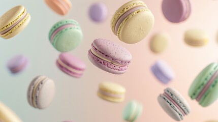 Obraz premium Pastel purple, green, blue, cream and yellow colored macaroons floating in the air