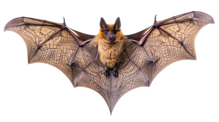 Close-up of a bat with wings spread wide, showcasing intricate wing structure and fur detail, isolated on a white background.