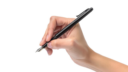 Close-up of a hand writing with a black pen on a white background, emphasizing detail and precision in an isolated setting.