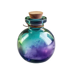 Colorful glass bottle filled with mystical liquid, featuring a cork stopper. Perfect for fantasy themes, alchemy visuals, or artistic projects.