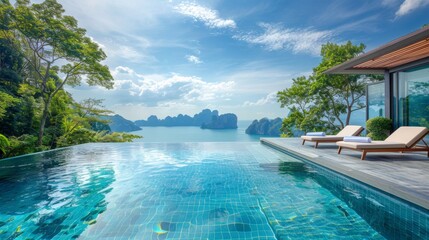 Fototapeta premium Luxury infinity pool overlooking tropical sea and mountains with deck chairs and modern villa. Perfect for a relaxing vacation and getaway.