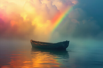 A boat drifting in the sky with rainbow 