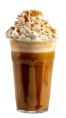 Delicious iced coffee topped with whipped cream and caramel drizzle. Perfect for refreshing and indulgent treat on a hot day.