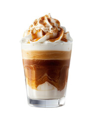 Delicious iced coffee topped with whipped cream and caramel syrup in a clear glass, perfect for summer refreshment and coffee lovers.