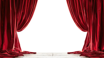 Elegant red stage curtains opening to reveal a dramatic entrance, suitable for theater, performance, and show concept visuals.