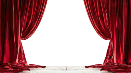 Elegant red stage curtains opening to reveal a dramatic entrance, suitable for theater, performance, and show concept visuals.