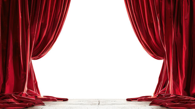 Elegant red stage curtains opening to reveal a dramatic entrance, suitable for theater, performance, and show concept visuals.
