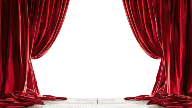 Elegant red stage curtains opening to reveal a dramatic entrance, suitable for theater, performance, and show concept visuals.