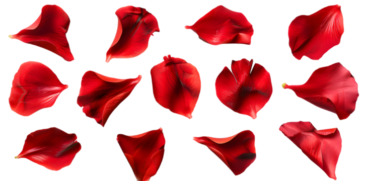 Collection of soft red flower petals isolated on transparent background