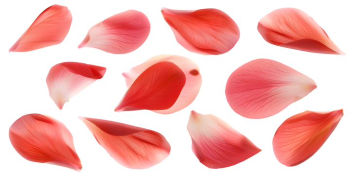 Collection of soft red flower petals isolated on transparent background