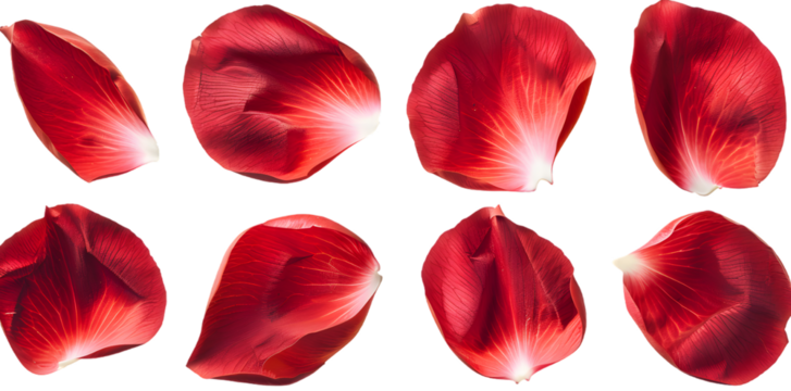 Collection of soft red flower petals isolated on transparent background