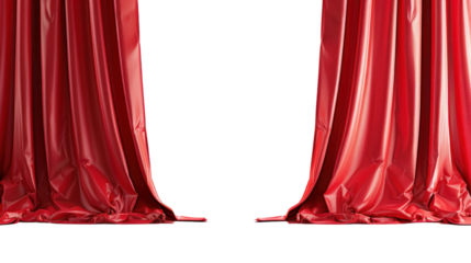 Red velvet theater curtains opening on a white background, perfect for stage presentations, performances, and dramatic scenes.