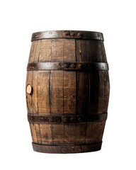 Obraz premium Rustic wooden barrel isolated on white background, perfect for vintage decor or storage themes.