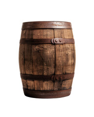 Rustic wooden barrel with metal bands, isolated on white background. Perfect for vintage, storage, or beverage themes.