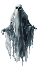 Spooky ghost with flowing white robes and hollow eyes, perfect for Halloween themes and haunted house decorations. Eerie and mysterious.