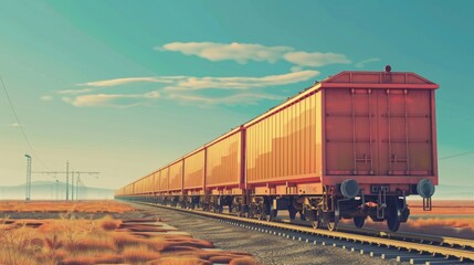 Obraz premium Freight train. Rear view of the last wagon of a freight train. Wagons with goods delivery. Distribution and freight transportation using railroads.