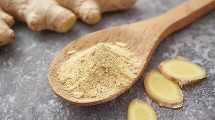 Fototapeta premium Fresh ginger root and dry ground ginger in a wooden spoon. Powder ginger close-up. Top view