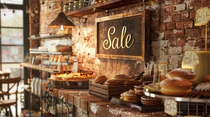Warmly lit bakery displaying "Sale" sign, inviting and cozy.