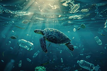 A lone turtle swimming among floating plastic bottles