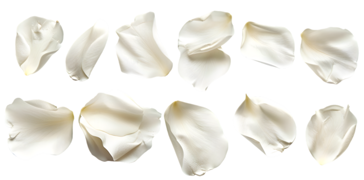 Collection of white flower petals isolated on a white background