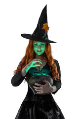 Witch on Halloween. Female wizard fairy character for All Saints' Day. Fantasy gothic red-haired...