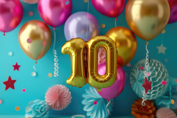 Golden number ten balloon celebrating a tenth birthday party