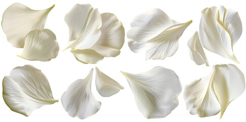 Collection of white flower petals isolated on a white background