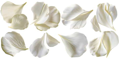 Collection of white flower petals isolated on a white background