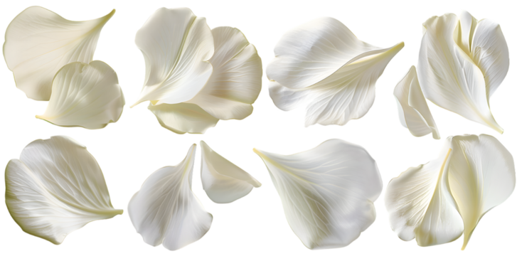 Collection of white flower petals isolated on a white background