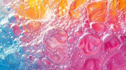 Abstract colorful bubbles floating in water with vibrant blue, pink, and orange colors